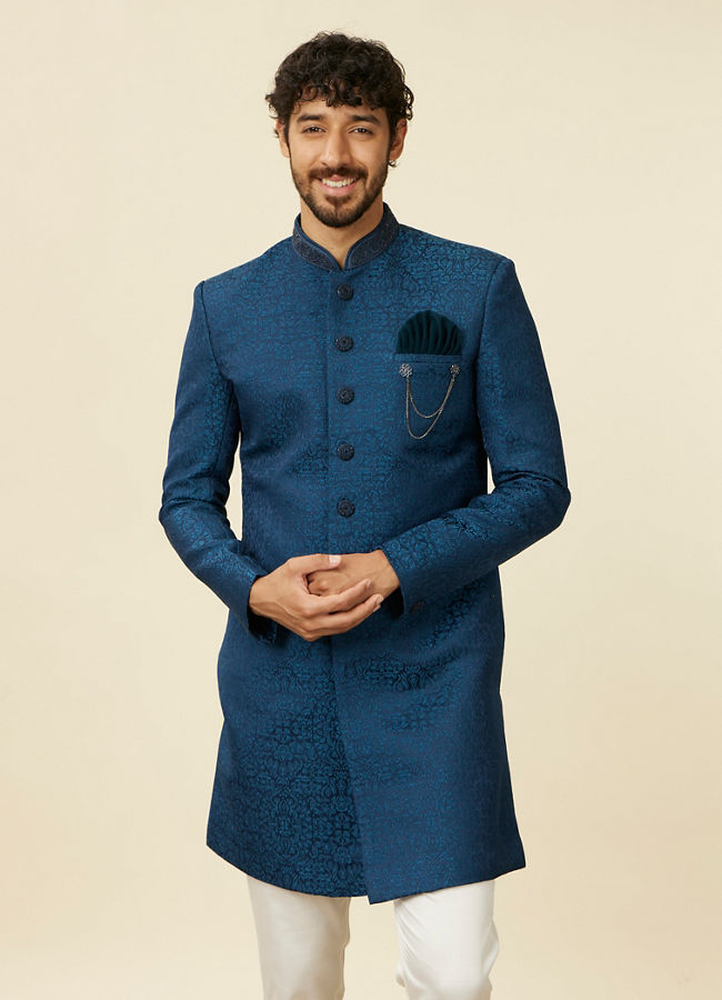 alt message - Manyavar Men Teal Blue Medallion Patterned Indo Western Set image number 0